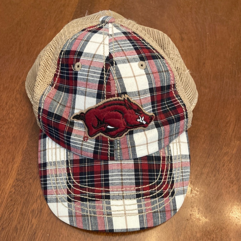 Arkansas Razorbacks Top of the World Plaid Trucker Hat Red Tan Mesh Snapback Cap